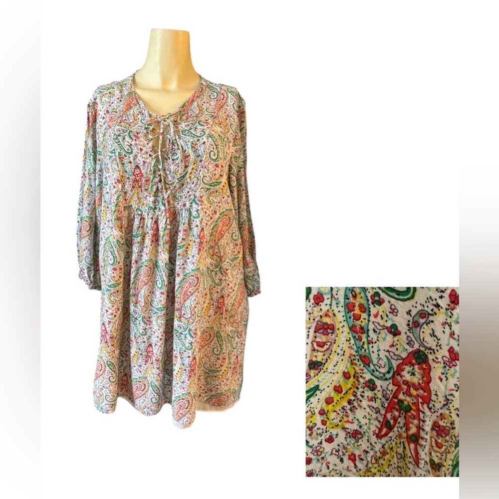 Esley Womens Dress tunic Size L Boho Paisley Tie-Front Peasant dress Multicolor